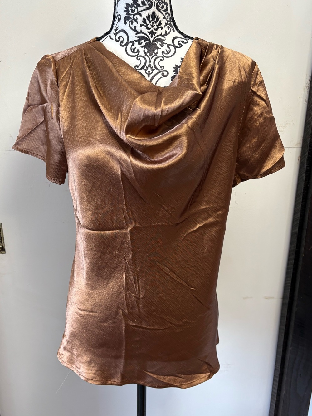 DressBarn Women's Cowl Neck Satin Top - Brown, Size Medium